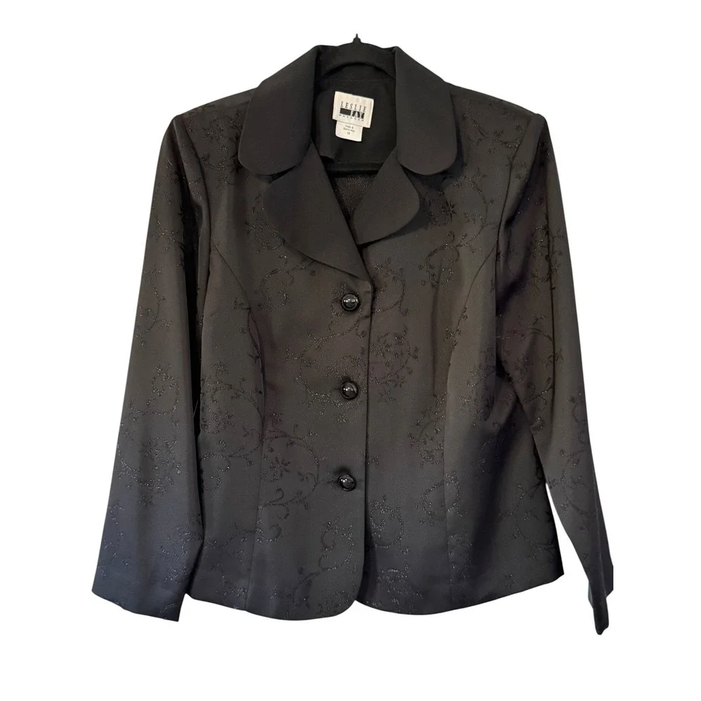 Vintage Leslie Fay Black Glitter Scroll Floral Blazer Jacket Womens Size 10